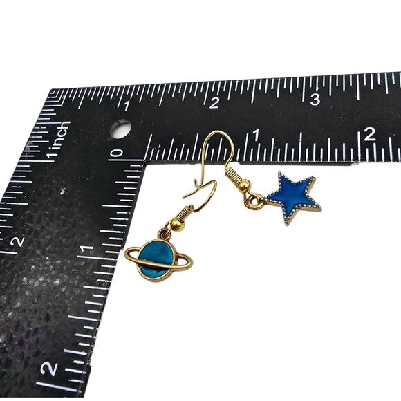 Planet Star Earrings Pierced Dangle Acrylic Blue Teal Gold Tone Setting - Picture 2 of 5